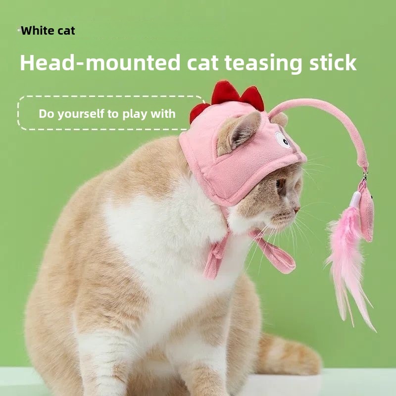 Long-Handle Feather Teaser Cat Toy with Hat