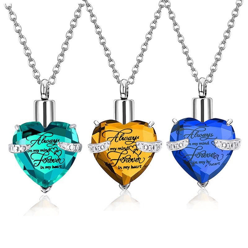 Heart Shaped Glass Urn Pendant with Birthstone Accent
