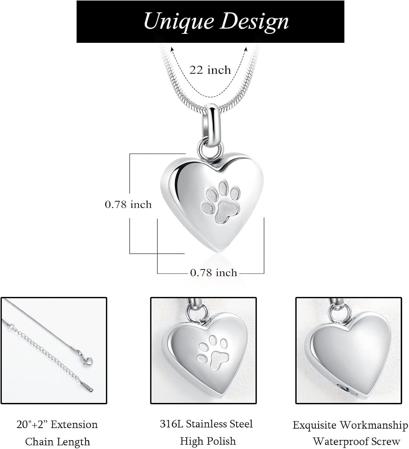 Pendant Paw Print Pet Heart Urn Necklace