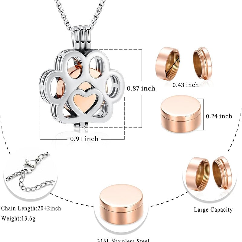 Paw Print Stainless Steel Pet Cremation Urn Necklace