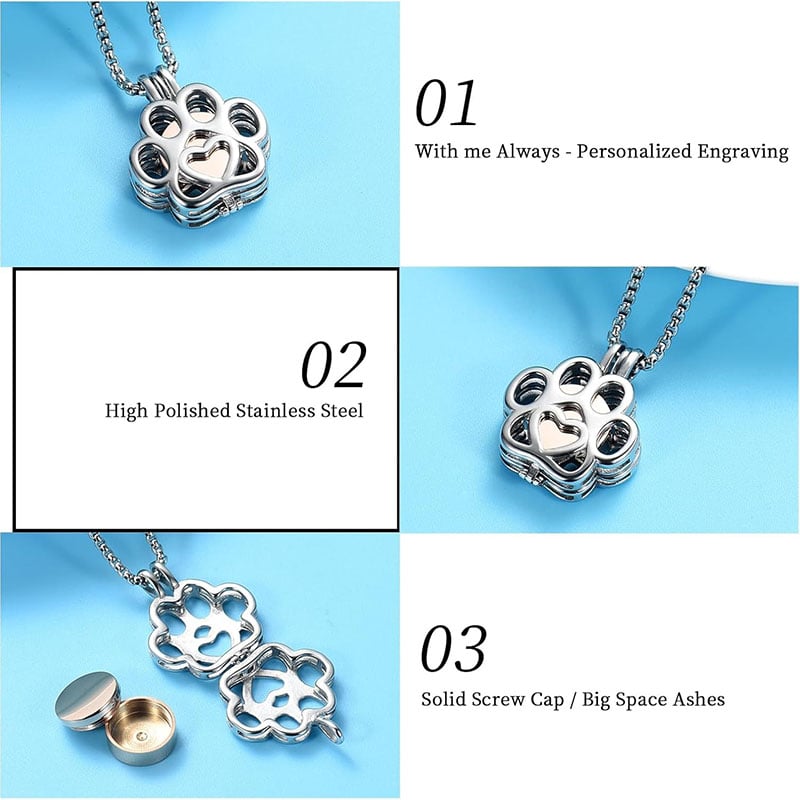 Paw Print Stainless Steel Pet Cremation Urn Necklace