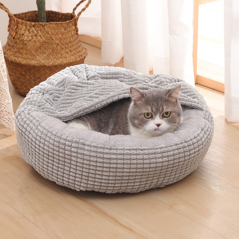Semi-Enclosed Round Corn Velvet Pet Bed