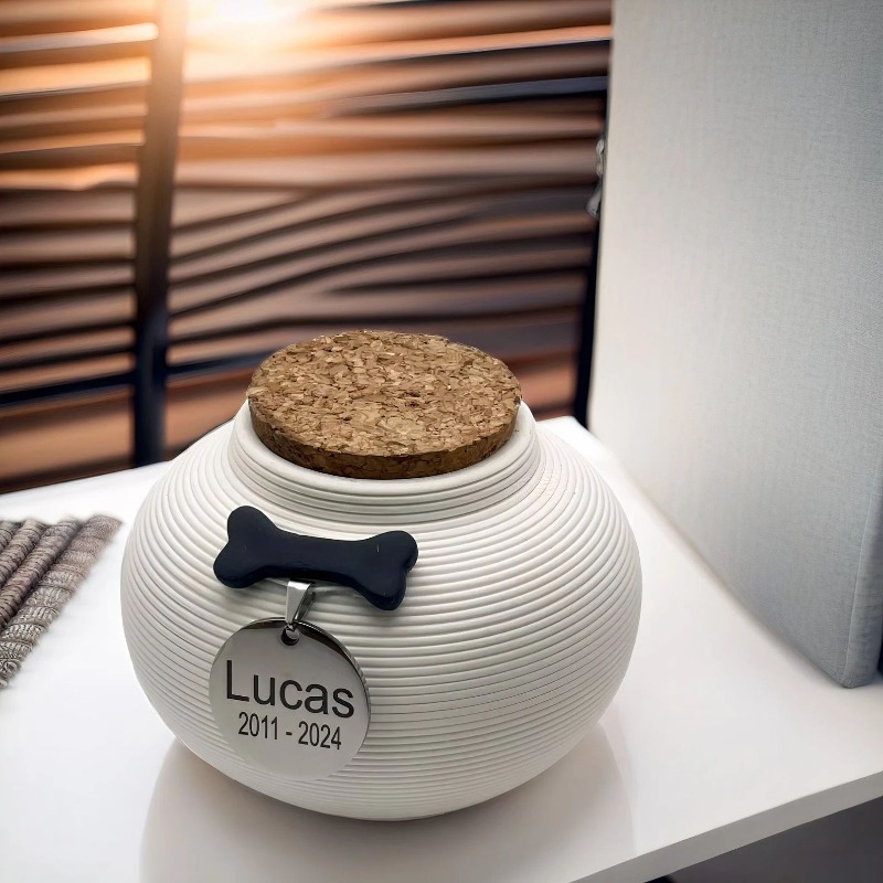 Ceramic Pet Memorial Urn with Bone-Shaped Metal Tag