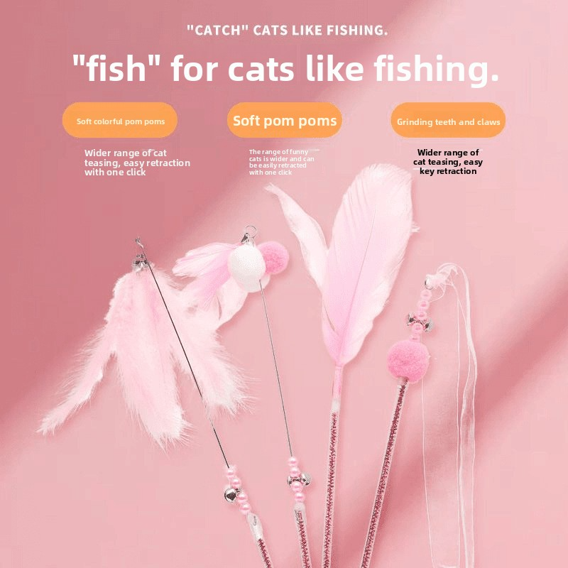 Luxury Cat Teaser Stick with Feather Ribbon and Fur Ball