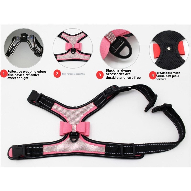 Dog Chest Harness Vest Rhinestone Bow Reflective