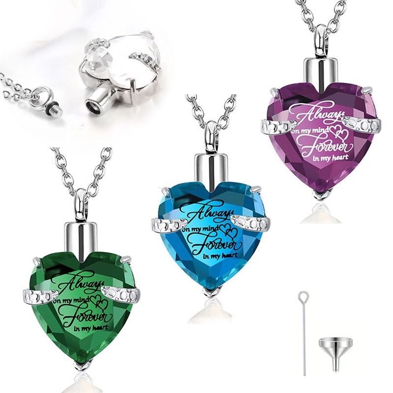 Heart Shaped Glass Urn Pendant with Birthstone Accent