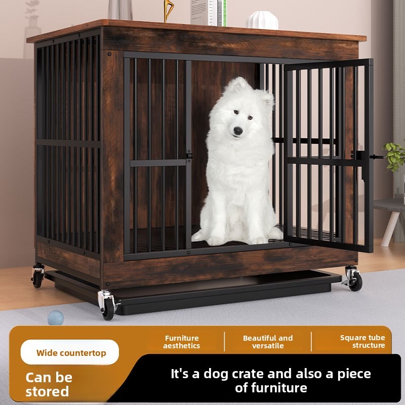 Solid Wood Dog Cage with Wheels and Tray