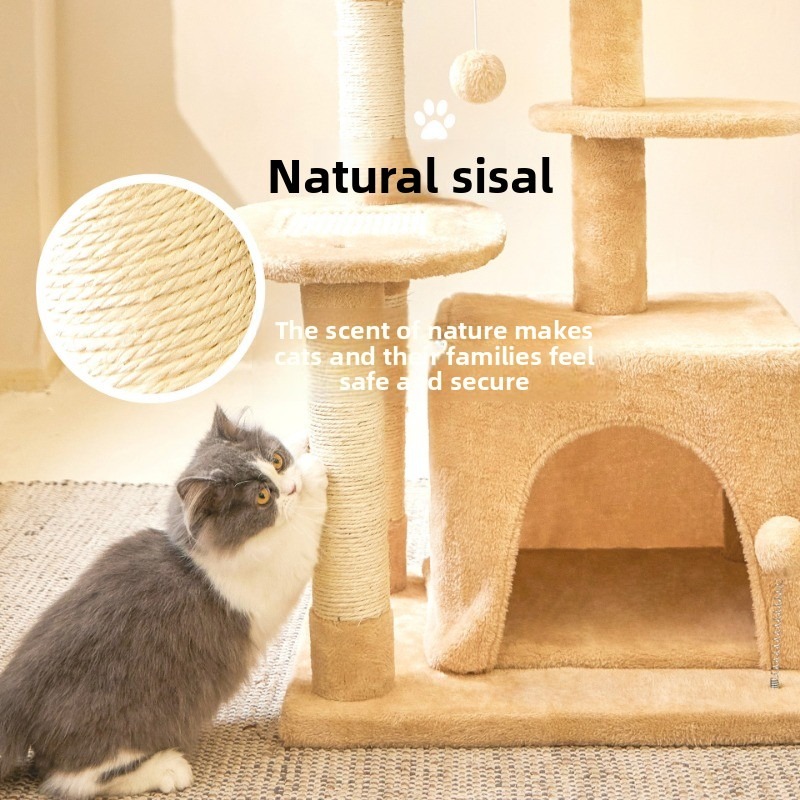 Solid Wood Cat Tree with Hemp Rope Scratcher