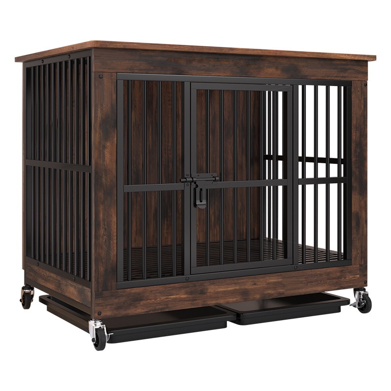 Solid Wood Dog Cage with Wheels and Tray