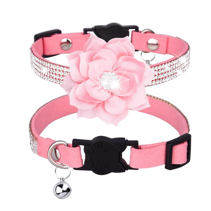 Pet Collar Suede Rhinestone Bell Adjustable