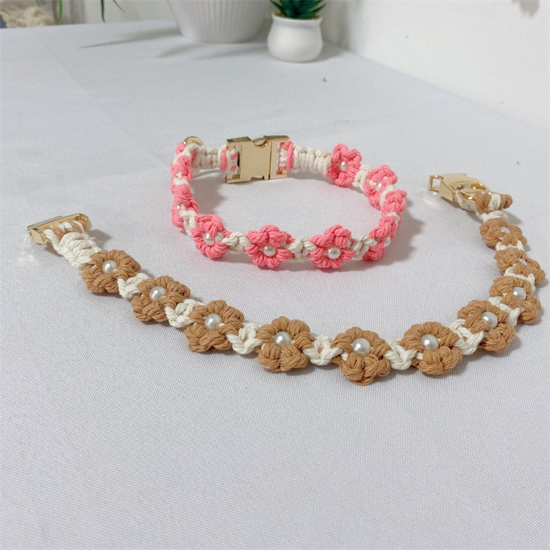 Pet Collar Cotton Rope Pearl Flower Woven