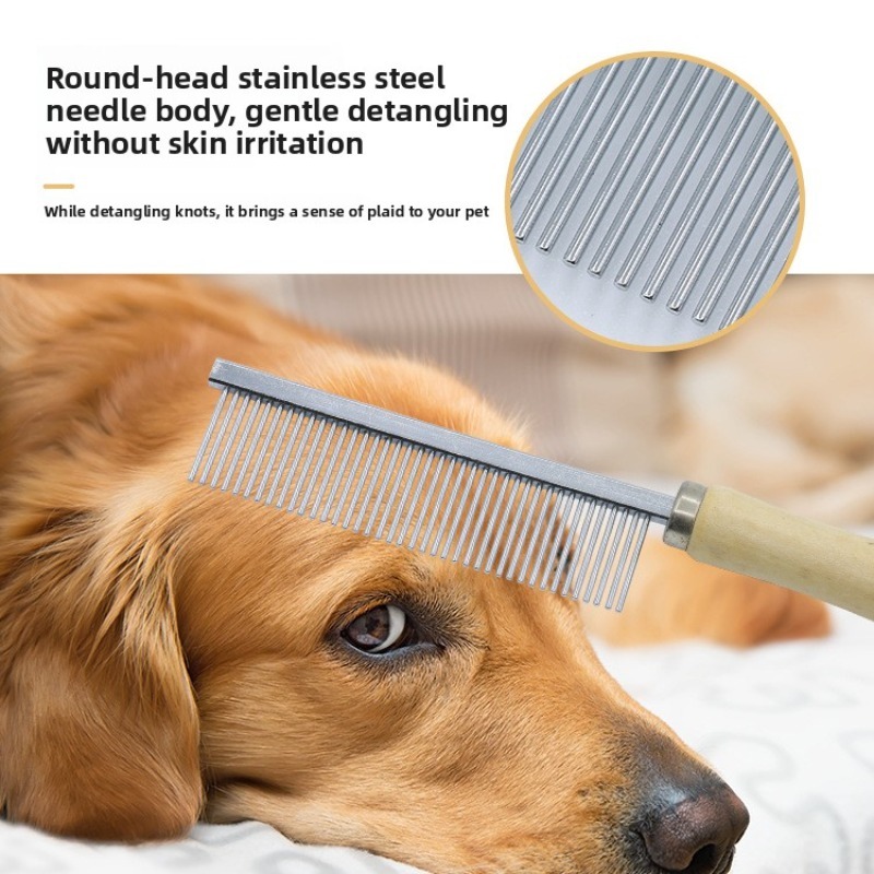 Stainless Steel Pet Hair Comb with Wooden Handle