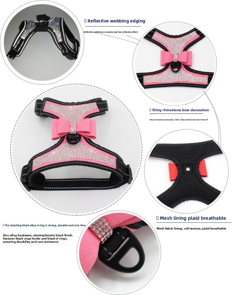 Dog Chest Harness Vest Rhinestone Bow Reflective