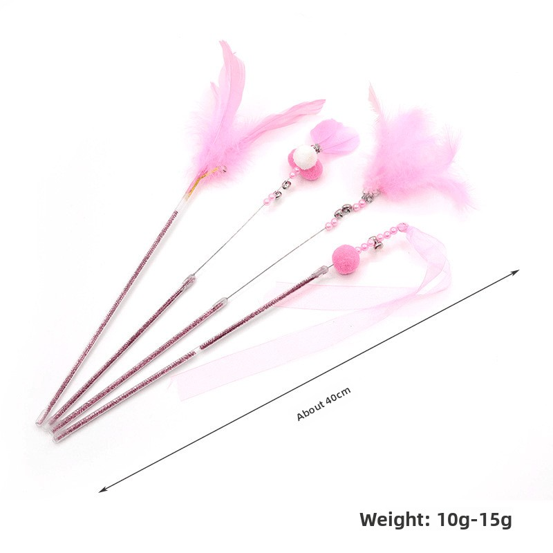Luxury Cat Teaser Stick with Feather Ribbon and Fur Ball